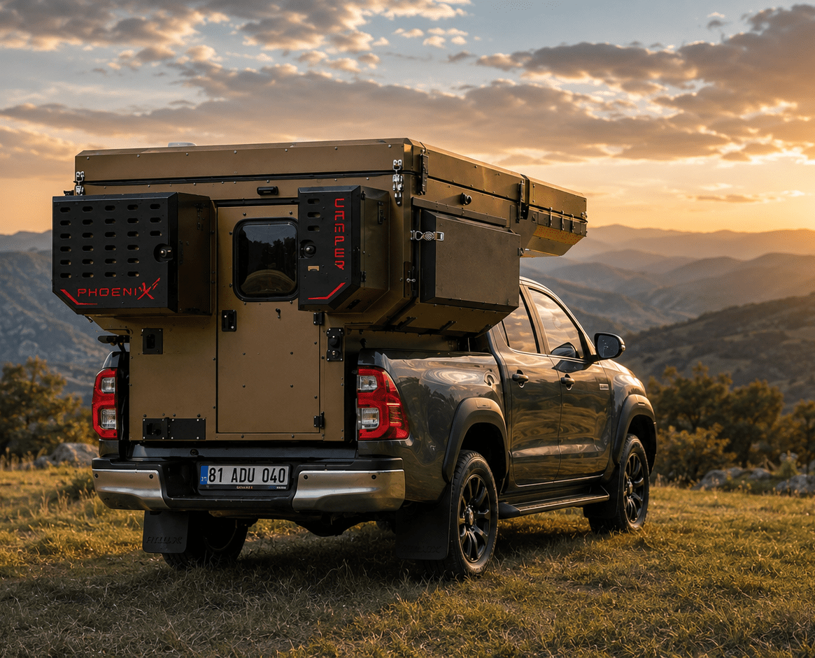 Cellule CAMPER-X avec toit relevable fermé sur pick-up